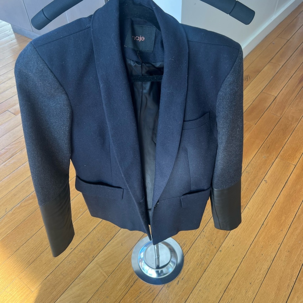 Maje Women's Navy and Black Blazer with Leather Sleeves